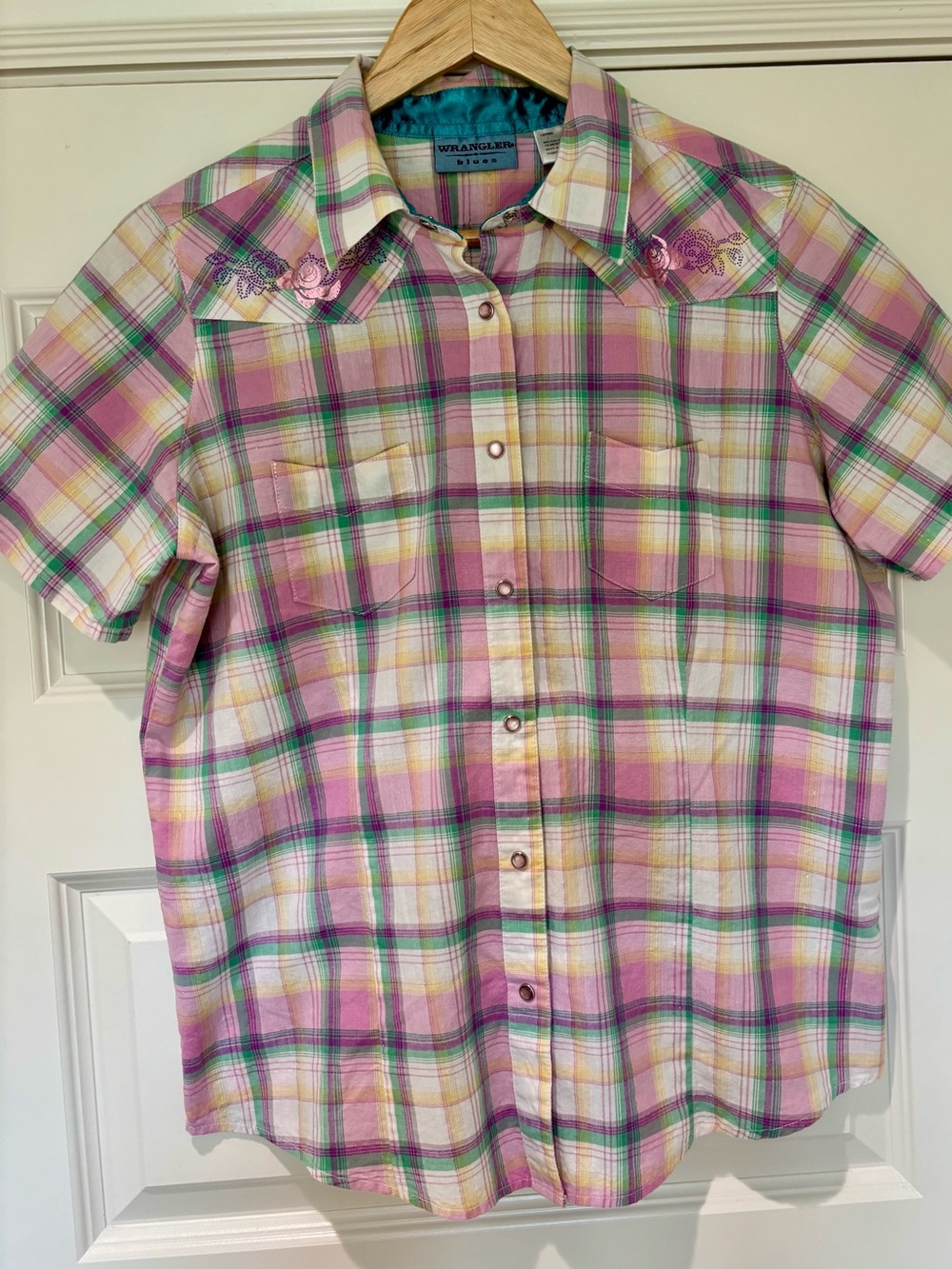Wrangler Blues Sz L Cotton Plaid Metallic Shirt Pink Pearl Snap Buttons Western - Picture 2 of 10